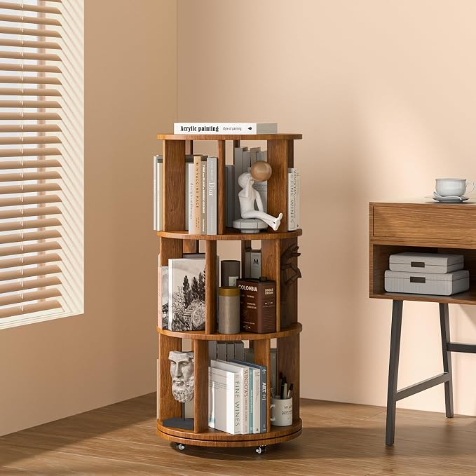 3-Tier Solid Wood Rotating Bookshelf on Wheels, 360° Spinning Book Shelf Tower, Round Revolving Bookcase Organizer, Rolling Bookshelves for Small Spaces, Corner, Bedroom, Kids Room, Office, Walnut