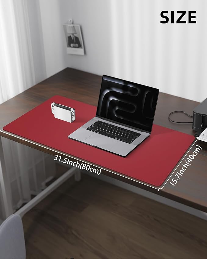Leather Desk Protector, Red Office Mat, Non-Slip PU Laptop Blotter, Waterproof Writing Pad for Office and Home (Red, 31.5" x 15.7")