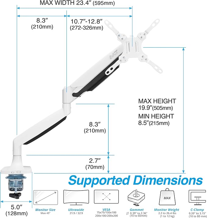 AVLT Single 17"-45" Monitor Arm Desk Mount Premium Mechanical Spring fits One Flat/Curved/Ultrawide Monitor Full Motion Height Swivel Tilt Rotation Adjustable, White