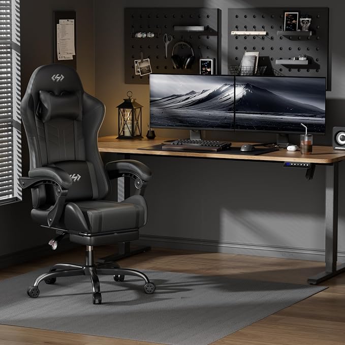 HLDIRECT Gaming Chair, Ergonomic Video Game Seat with 360° Swivel & Lumbar Massage, Computer Chair PU Leather Cushion for Adults Home/Office Use (Black)
