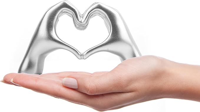 Small Heart Hands Sculpture Decor for Living Room Bedroom Bookshelf Coffe Table and Office Display, Love Finger Statue Modern Aesthetic Home Decor, Unique Gift for Wedding Christmas Birthday (Silver)