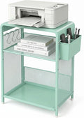 ECOLOVI 3 Tier Printer Stand for Under Desk, Height Adjustable Shelf Small Printer Table with 3 S-Hooks & Basket, Heavy Duty Industrial Storage Shelf for Home Office (Green Metal)