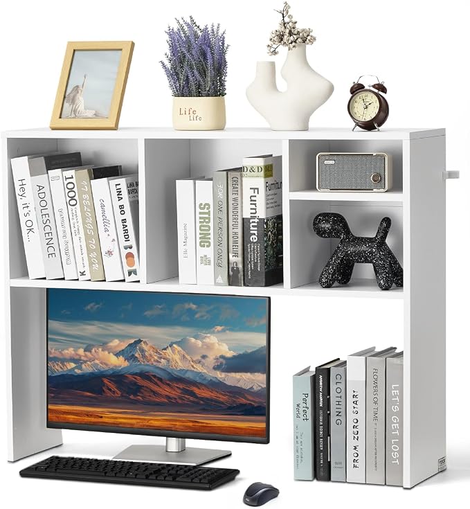 VEVOR Desktop Bookshelf, Storage Organizer with 5 Shelves for Computer Desk, Wooden Shelf Desk Hutch with Anti-Slip Feet Pads, Desk Top Display Rack for Office, Home & Dorm, White