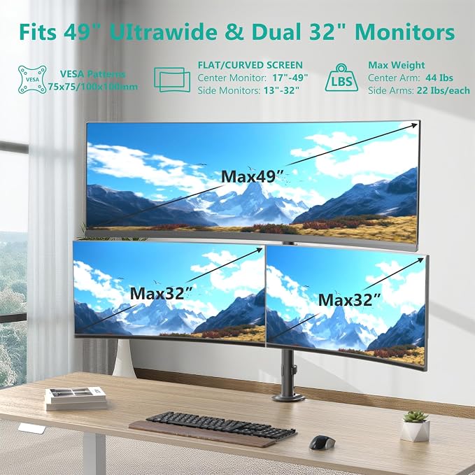 WALI Triple Monitor Mount for up to 49 inch Ultrawides on Top Bracket and 32 inch Screens on Side Brackets, Extra Tall 3 Monitors Desk Mount, Heavy Duty Monitor Arm up to 44 lbs (M003-P), Black