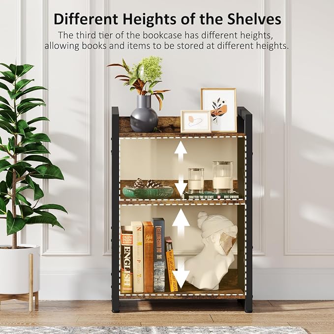 Hosfais Book Shelf Small Bookshelf: 3-Tier Wood Bookcase Industrial Bookshelf with Edge Protection Metal Narrow Bookcase Storage Organizer Display Rack for Bedroom Home Office (Rustic Brown)