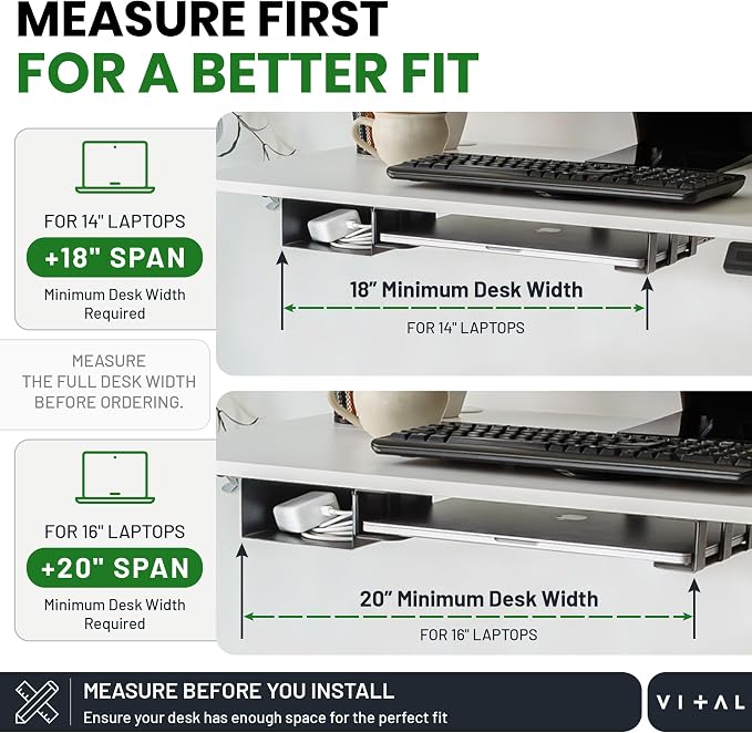 VI+AL Under Desk Laptop Mount - Hidden Metal Shelf with Side Storage, Hook & Cable Organizer - Installs with Tape & Screws - Fits Devices up to 1.7" Thick - Deluxe