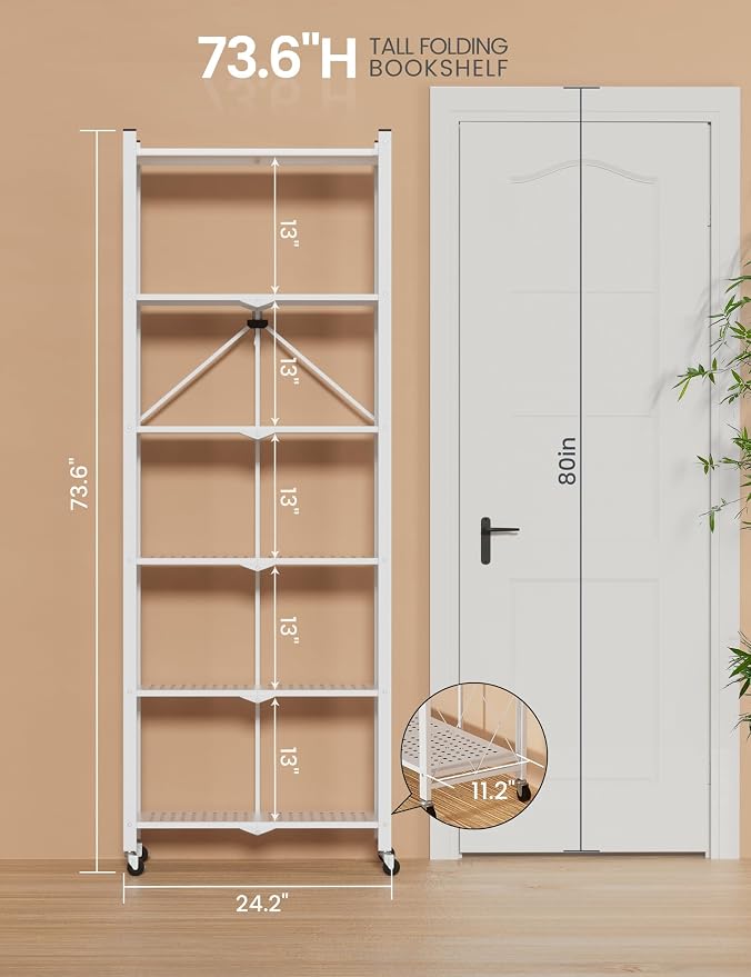 ALANNG 73.6 Inch Folding Bookshelf, 6 Tier Metal Bookcase and Bookshelves, Tall Shelves for Living Room Office Bedroom, Heavy Duty Book Shelve Free Standing Open (White, 1PACK)