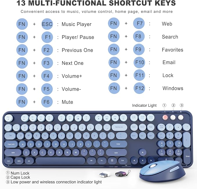 Wireless Keyboard and Mouse Combo, Ergonomic Full Size Typewriter Retro Round Keycaps Keyboard, Compatible with Windows, PC, Perfer for Home and Office Keyboards (Twilight Blue