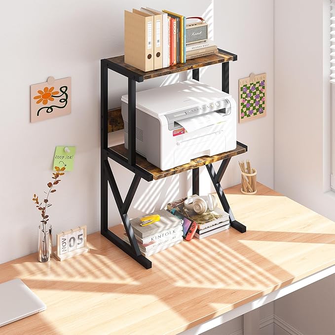 aboxoo Desktop Printer Stand with 3 Tier Wood Storage Shelves,Under Desk Printer Table,Multi-Purpose Home Office Desk Organizer for Fax Machine, Scanner (Brown)