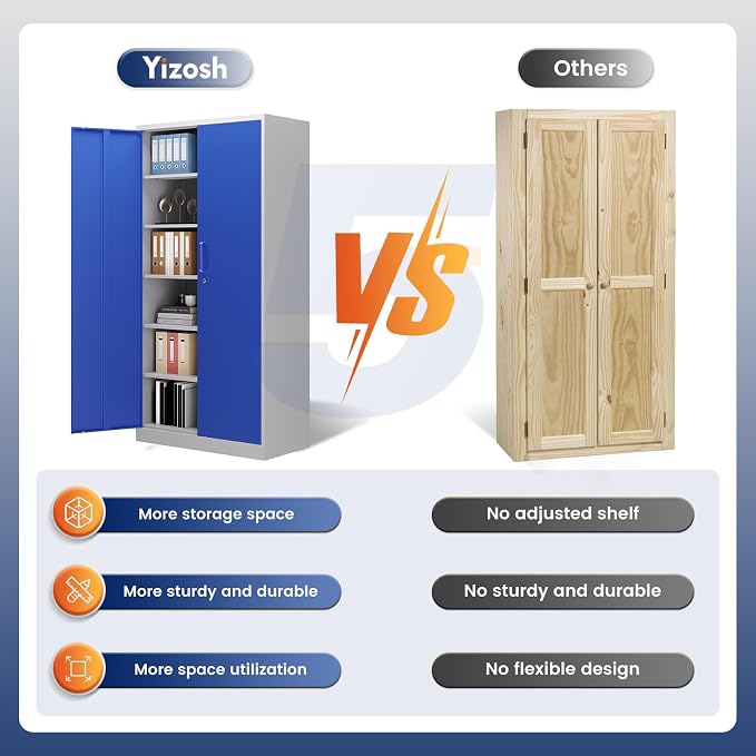Yizosh Metal Garage Storage Cabinet with 2 Doors and 5 Adjustable Shelves - 71" Steel Lockable File Cabinet,Locking Tool Cabinets for Office,Home,Garage,Gym,School (Gray Blue)