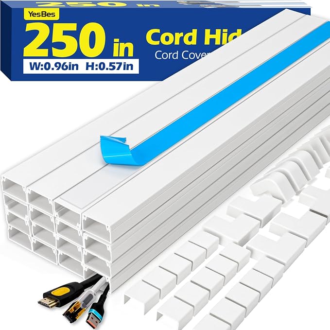 250in Cord Hider Kit, Cord Covers for Wires on Wall, Paintable Cable Raceway, Cord Hider for Wall Mount tv, tv Cable Hider Wall kit, Wire Covers for Cords, 16X L15.75 X W0.96in X H0.57in, White