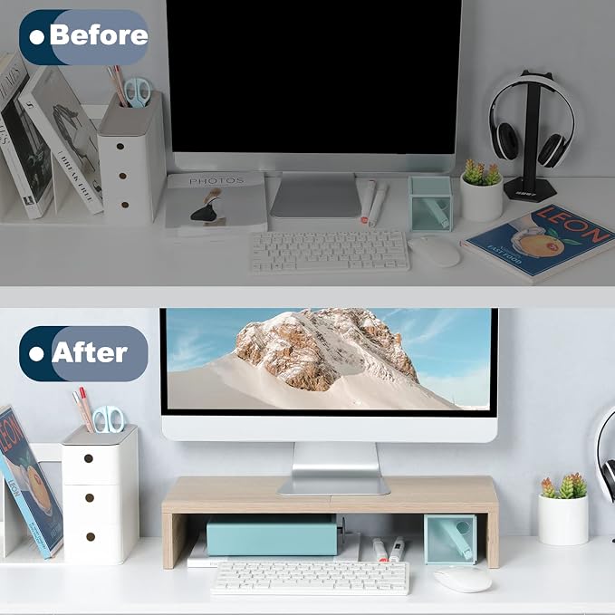 TEAMIX 20 Inch Wood Monitor Stand Riser, Wooden Desktop Stand for PC/TV/Laptop/Printer, Cozy Monitor Riser with Storage, Computer Stand Space-Saving