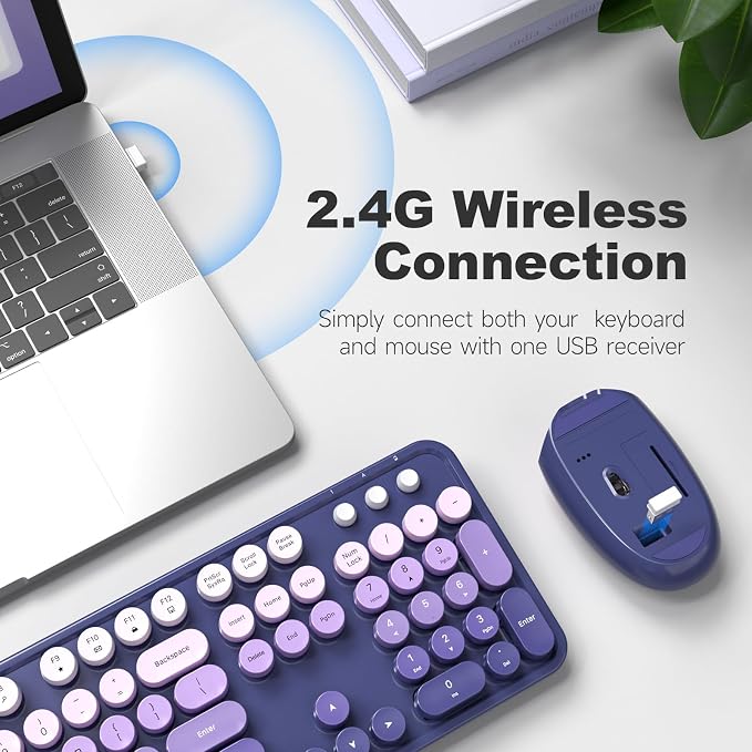 Dilter Wireless Keyboard and Mouse Combo, 104 Keys Full-Size Typewriter Keyboards, 2.4 GHz USB Receiver Plug and Play for Windows 7 8 10 11, PC, Laptop, Desktop (Purple)