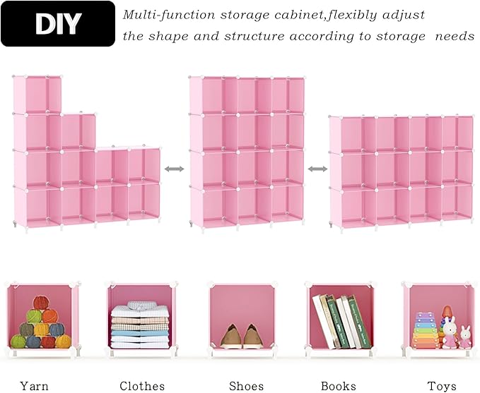 AWTATOS Cube Storage Organizer Protable Closet Organizers and Storage for Kids DIY Stackable 12 Cube Storage Shelves Clothes Organizer for Bedroom, Home, Pink