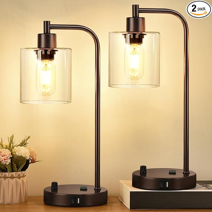 Lynnoland Set of 2 Oil Rubbed Bronze Table Lamps with USB C+A Ports and Outlet, Fully Stepless Dimmable Bedside Lamps, Industrial Desk Lamps with Clear Glass Shade for Living Room (2 LED Bulb)