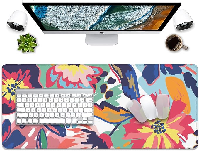 Abstract Floral Leaves Mouse Pad Desk Mat,Boho Art Extended Gaming Mouse Pad with Stitched Edges,Non-Slip Waterproof Rubber Base for Office,Computer,Keyboard,Laptop and Home Desk Pad(27.5X11.8 in)