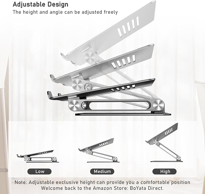 BoYata Laptop Stand, Adjustable Laptop Riser Ergonomic Computer Stand for Desk, Laptop Holder Compatible for MacBook Pro/Air, Surface Laptop and Other Laptops up to 15 Inches-Space Gray