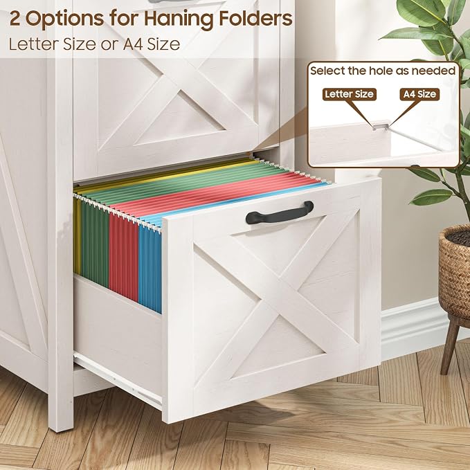 Halitaa 2 Drawer Small File Cabinet with Lock, Farmhouse Vertical Filing Cabinet Fits Letter and A4 Size, Under Desk Wooden File Cabinets for Home Office, Printer Stand, Rustic White