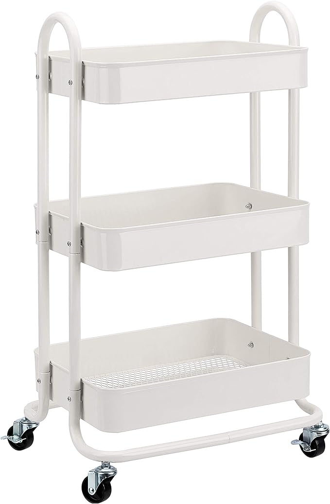 Basics 3-Tier Rolling Utility Cart, Storage Organizer, Lockable Wheels, Multifunctional Storage, Portable Mobile Shelving Unit, White