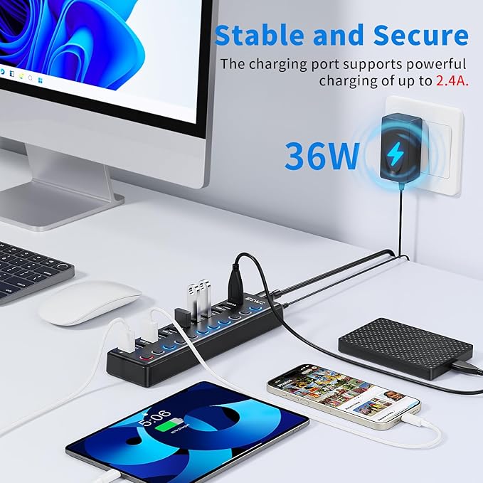 Powered USB Hub, JESWO 11 Port USB 3.0 Hub, 10 USB 3.0 Data Transfer Ports + 1 Smart Charging Port, USB Hub Powered with Individual LED On/Off Switches and 12V/3A Power Adapter