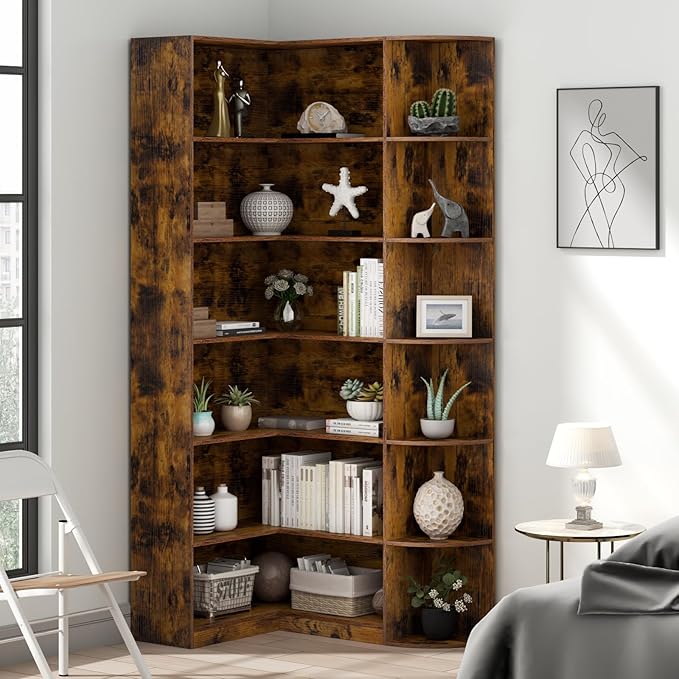 Loomie Bookshelves, 6 Tiers Shelf Large Tall Corner Etagere Bookcase with Full Baffle, L-Shaped Modern Storage Display Industrial Book Shelf for Bedroom, Home Office, Living Room & Kitchen, Rustic