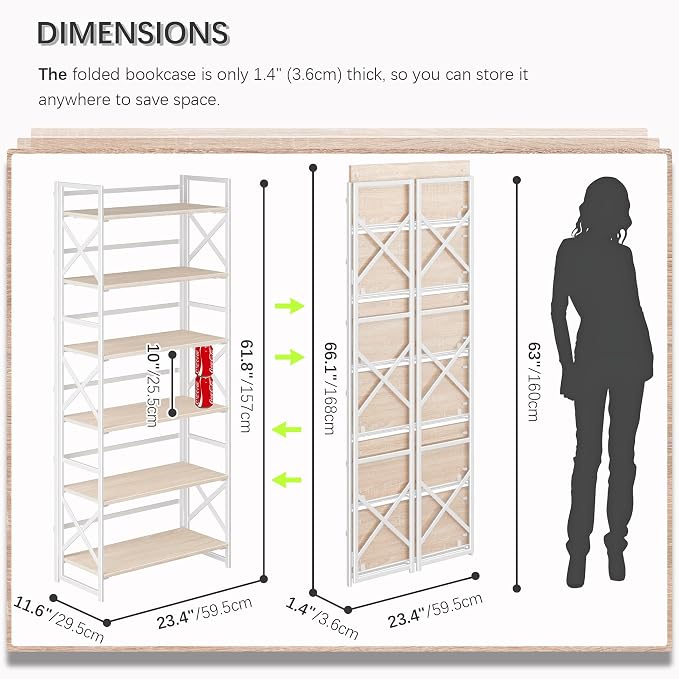4NM 6 Tiers No Assembly Book Shelves, 61.8" H Folding Bookshelf Bookcase Open Industrial Foldable Shelves for Bedroom, Living Room, Home Office - Natural White