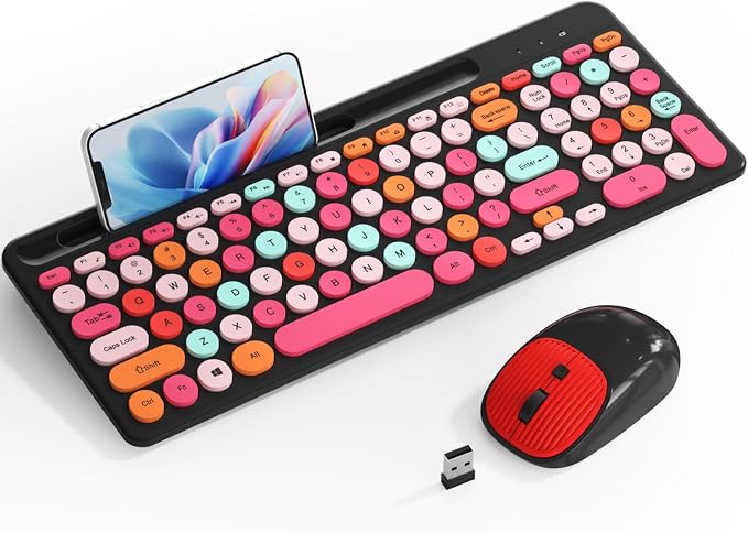 Retro Typewriter Wireless Keyboard with Round Keycaps, 2.4GHz Compact USB Cute Wireless Keyboard and Mouse Combo for Desktop, Laptop and Computer