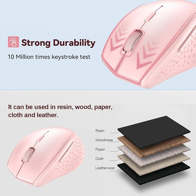 TECKNET Bluetooth Mouse, 4800 DPI Wireless Mouse, 2-Year Battery 6 Adjustable DPI, 6 Buttons Compatible with Laptop/Windows/Computer - Pink