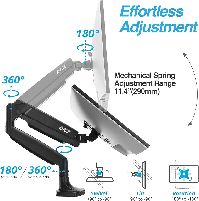 AVLT Single 17"-45" Monitor Arm Desk Mount Premium Mechanical Spring fits One Flat/Curved/Ultrawide Monitor Full Motion Height Swivel Tilt Rotation Adjustable, Black