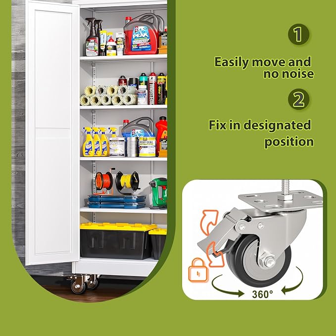 Metal Garage Storage Cabinet with Wheels, 70.9" H x 29.9" W x 15" D, Lockable Rolling Steel Tool Cabinet with Adjustable Shelves, Heavy Duty Garage Cabinet for Workshop, Basement, Home, White