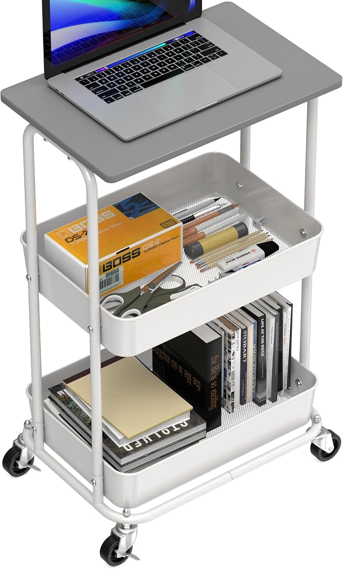 Simple Houseware 2-Tier Rolling Utility Cart with Lockable Wheels and Wood Top, Metal Storage Organizer Trolley for Kitchen, Bathroom, Office, Craft Room, Grey