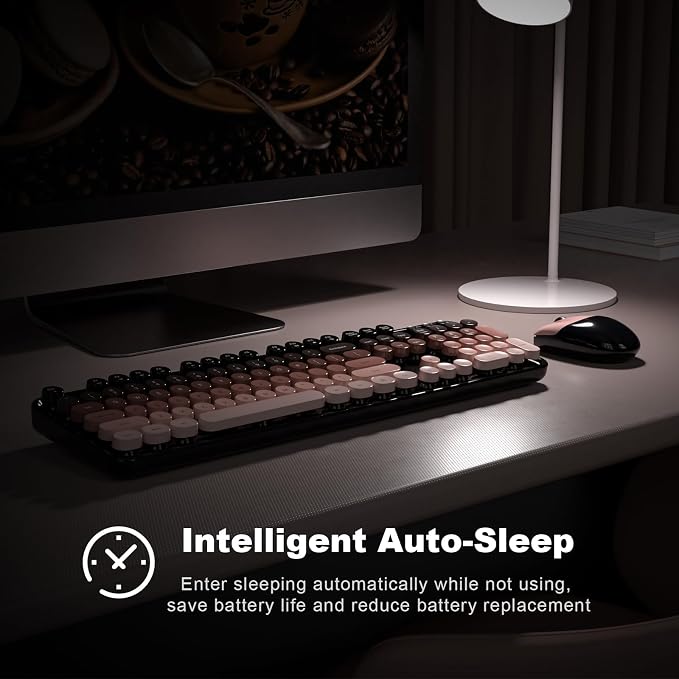 Wireless Keyboard and Mouse Combo, MOWUX Full Size Typewriter Retro Round Computer Keyboard, Cute Optical Mouse Wireless, Plug and Play, for Laptop, PC, Computer- BlackBerry Gradient