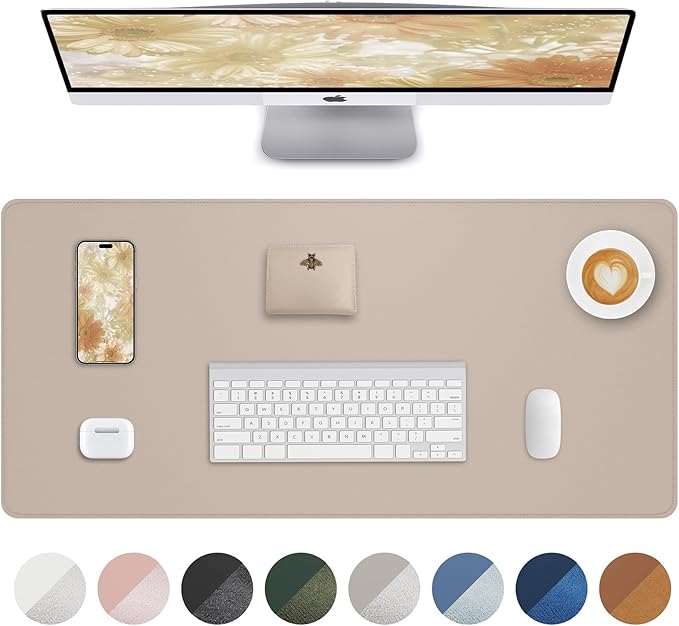 Leather Desk Protector, Large Mouse Pad, Non-Slip, Waterproof PU Leather Blotter Mat, Desk Cover for Office and Home (Beige, 36" x 17")