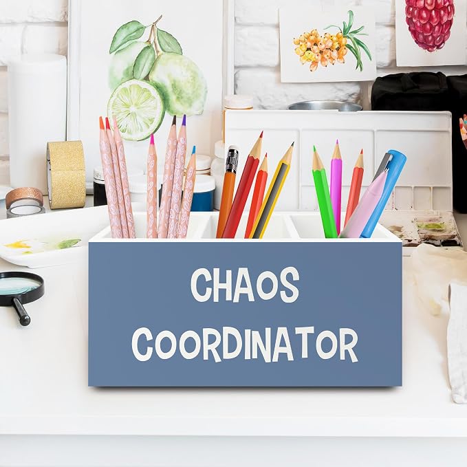 Chaos Coordinator Blue Pen Pencil Holder Organizer for Desk, Thank You Gifts for Women Men Coworkers Boss Leader Manager, Appreciation Gifts Wooden Box Sign for Office Tabletop Decorations
