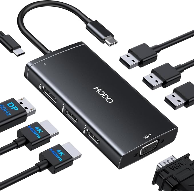 USB C Docking Station Dual Monitor Adapter for Dell HP, Laptop Docking Station 3 Monitors Quadruple Display USB C Hub Dongle to 4K HDMI+DisplayPort+VGA,3 USB2.0,100W PD, 8 in 1 Thunderbolt Dock
