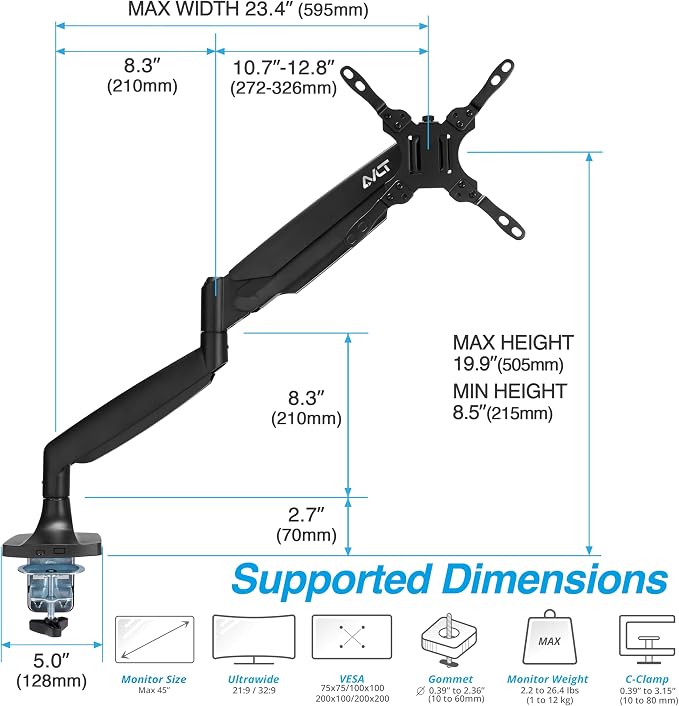 AVLT Single 17"-45" Monitor Arm Desk Mount Premium Mechanical Spring fits One Flat/Curved/Ultrawide Monitor Full Motion Height Swivel Tilt Rotation Adjustable, Black