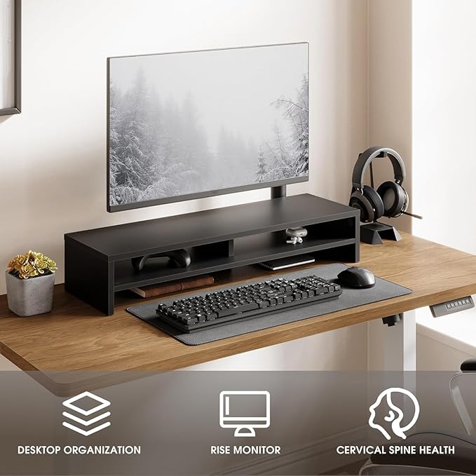 Fenge Monitor Stand, 31.5 Inch Computer Monitor Riser for Desk, 2 Tiers Wood Desk Shelf with Storage, Desktop Organizer for PC, Laptop, Screen, Printer