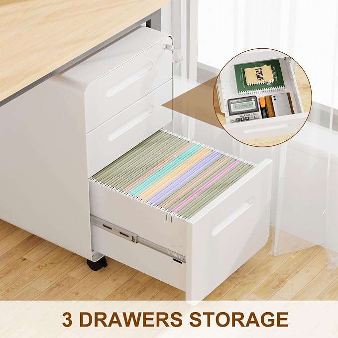 3 Drawer File Cabinet with Lock and 4 Keys, Mobile Metal Filing Cabinet, File Cabinets for Home Office, Under Desk, Pre-Assembly, File Drawer, Letter/Legal/A4 Hanging File Folders
