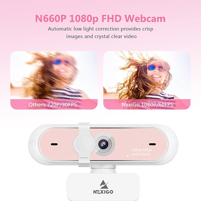 NexiGo N660P 1080P 60FPS Webcam with Software Control, Dual Microphone & Cover, Autofocus, HD USB Computer Web Camera, for OBS/Zoom/Skype/FaceTime/Teams/Twitch, Pink