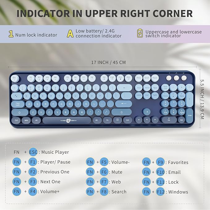 Wireless Keyboard and Mouse | Cute Colorful Keyboard and Mouse with 2.4GHz Cordless Retro Typewriter Keyboard | Auto-Sleep | USB Receiver for Windows PC/Laptop - Blue Gradient