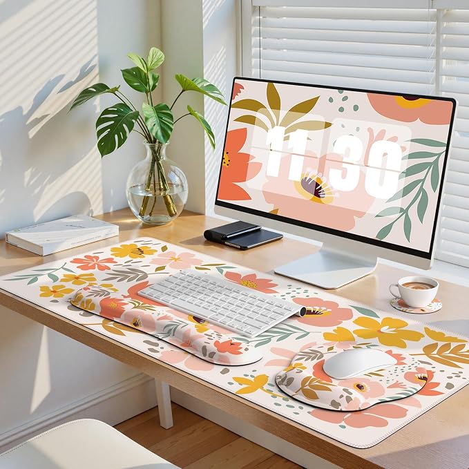 iCasso Desk Cover Mat, 4in1 Floral Large Mouse Pad with Wrist Rest, Desk Matt for Desktop, Anti-Slip XXL Big Computer Ergonomic Mousepad with Wrist Support for Keyboard and Mouse (Colorful)