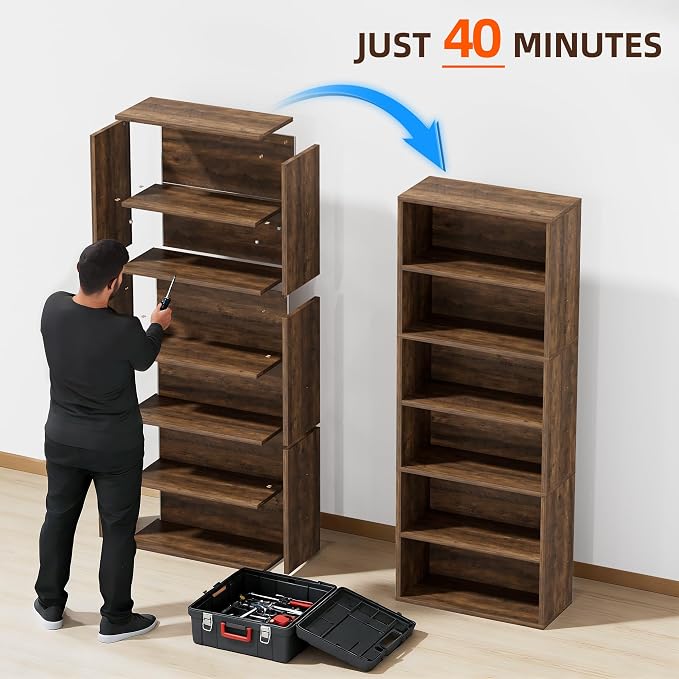 Furniwell 71" Tall Bookcase Bookshelves, 6 Tier Floor Standing Bookcases Open Frame, Modern Display Storage Organizer for Home Office, Living Room, Bedroom, Study Room (Brown, 2 Pcs)