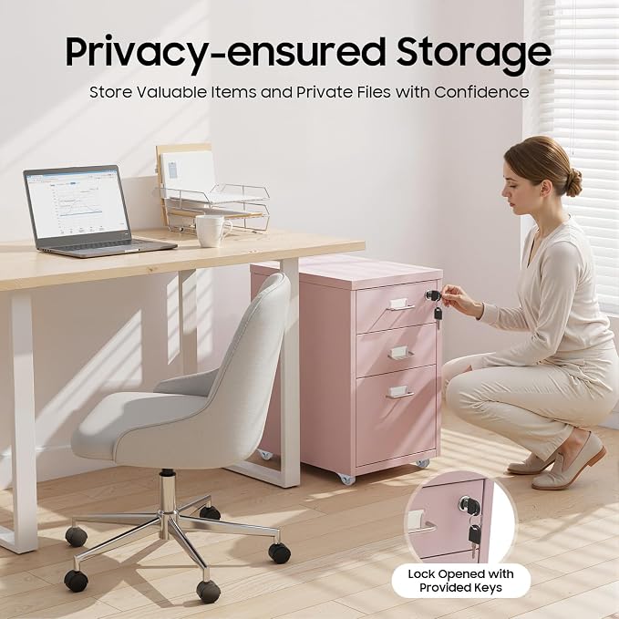 3-Drawer Metal File Cabinet, Mobile File Cabinet with Lock, Rolling Vertical Filing Drawers Under Desk for Home Office, 11 * 16 * 18.3in (Light Pink)