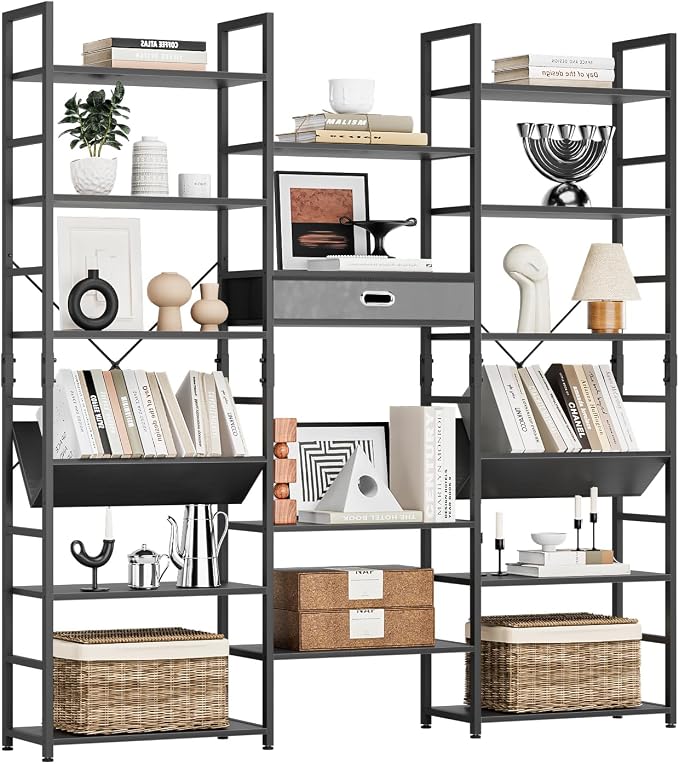 NUMENN Bookcases and Bookshelves Triple Wide 6 Tier Bookshelf, Large Etagere Bookshelf with Storage Drawer, Adjustable Open Display Shelves for Living Room Bedroom Home Office, Black