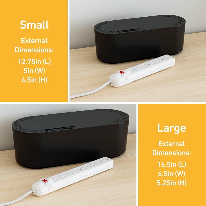 D-Line Cable Management Box, Power Strip Cover, Floor Outlet Hider, Desk Cord Organizer, Hide Extension Leads, 12.75" (L) x 5" (W) x 4.5" (H), for use with Power Strips up to 10.5in (L) - Small, Black