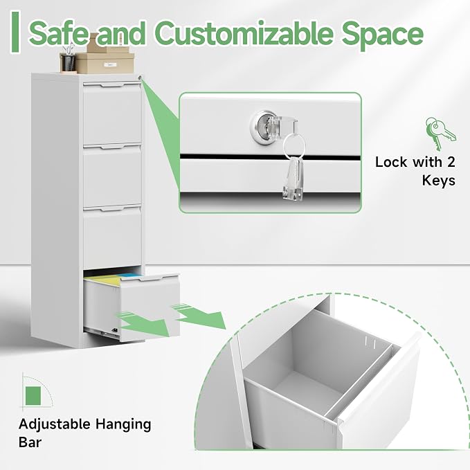 4-Drawer File Cabinet with Lock,Metal Vertical Filing Cabinets for Home Office,Under Desk File Cabinets for Letter/Legal/A4 Size Files,Easy Assemble