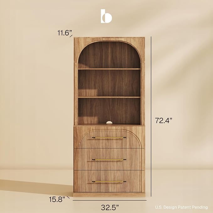 BELLEZE Set of 2 Tall Arched Storage Cabinet with Hutch and Drawers, Wood Highboard for Living Room and Home Office, Camel