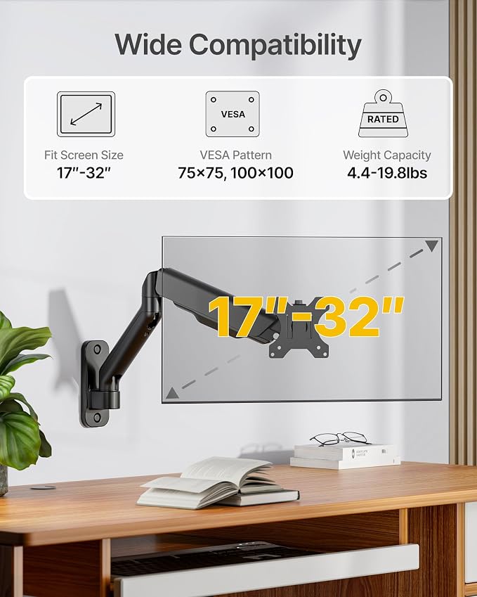 monTEK Single Monitor Wall Mount for 17 to 32 inch Flat/Curved Screens, Holds to 19.8 lbs, Full Motion Adjustable Mechanical Spring Monitor Arm, 75x75/100x100 VESA Wall Mount, Black
