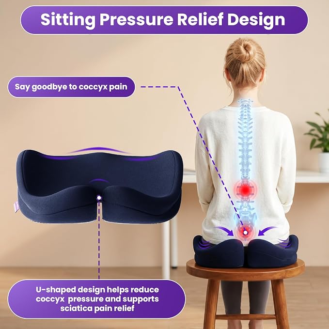 ZZ-WELL Seat Cushions for Office Chairs, Coccyx Cushion for Tailbone Pain Pressure Relief, Memory Foam Butt Pillows for Long Sitting, Patented Design, Extra Large & Thick, 21.2 Inches (Navy Blue)