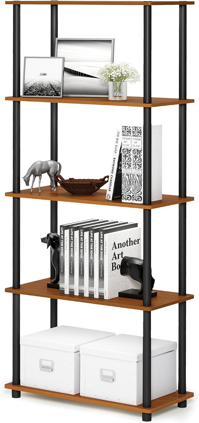 Furinno TURN-N-TUBE Storage Shelves, 5-Tier Book Shelf, Corner Shelf, Toolless Open Shelves, for Organization and Storage, Living Room, Garage, Home Office, Light Cherry